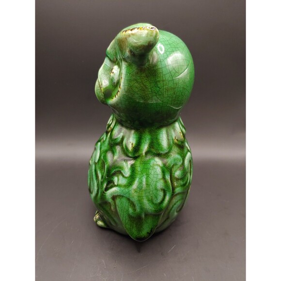 Green Ceramic Owl Figurine With Faux Crazing & Distressed Age - Picture 5 of 6